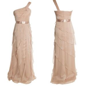 Adrianna Papell Chiffon Tiered Ruffle Gown Maxi Dress One-Shoulder Beige SZ 4